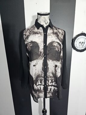 Iron Fist Chiffon Black and White Skull Button-Up Shirt